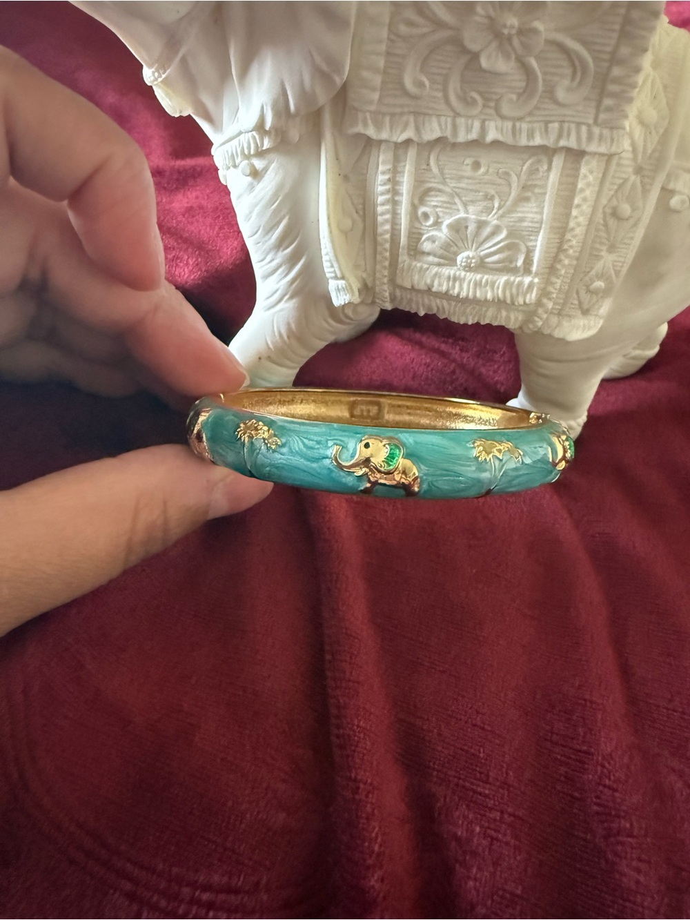 JTF gold tone teal turquoise enmel elephant palm tree hinged bangle bracelet